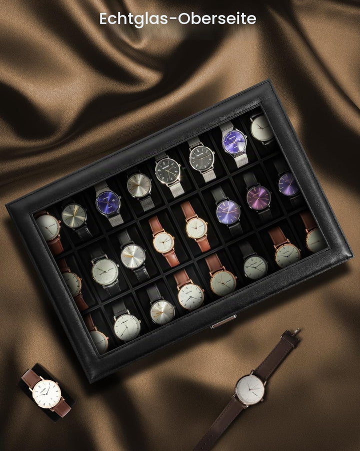 Uten Uhrenbox mit 24 Fächern, Uhrenbox mit Schlüsselschloss, Glasabdeckung, Uhrendisplay Aufbewahrun