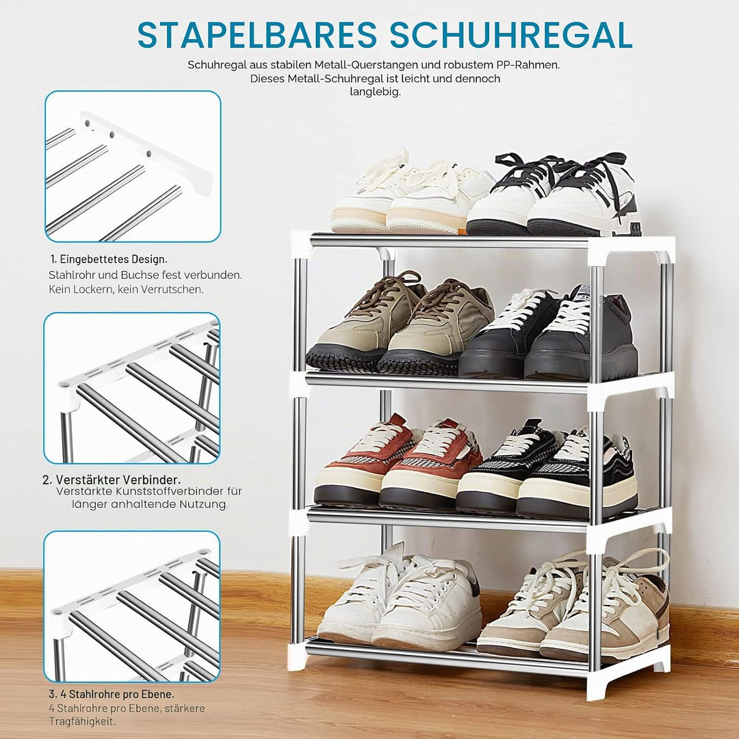 OLYREO Weisses Schuhregal Klein 4 Etagen, Stapelbar Leichtes Schuhregal, Schuhaufbewahrung, Schuh-Or