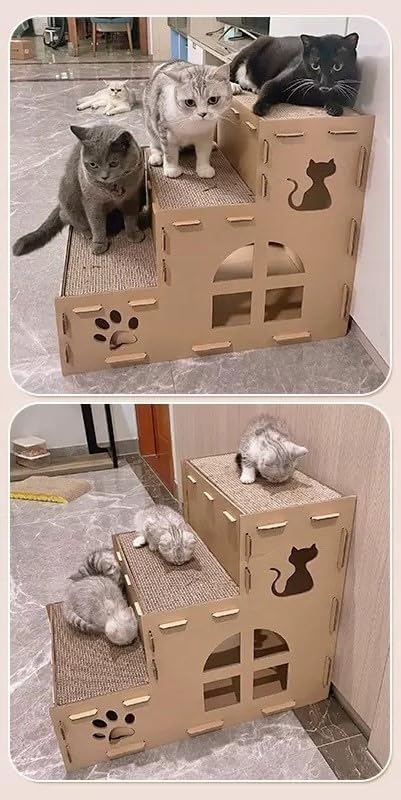Papp-Katzenhaus - Zweistöckige Katzenhöhle aus Pappe - Stecksystem - Leichtes Design - Kombination a