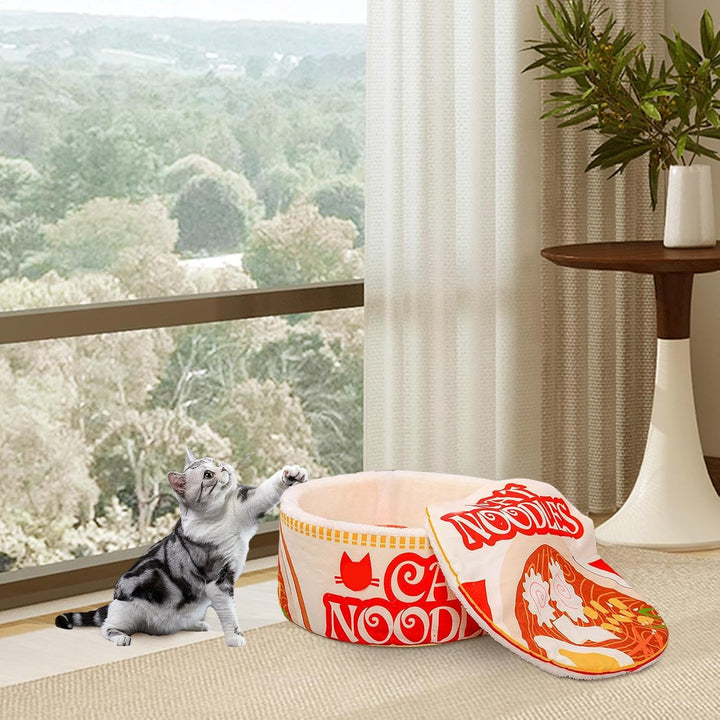 Ramen Cute Cat Bed Nest, Soft Noodle Bowl Design, Plush Covered Pet Sofa, Cozy Creative Kennel House