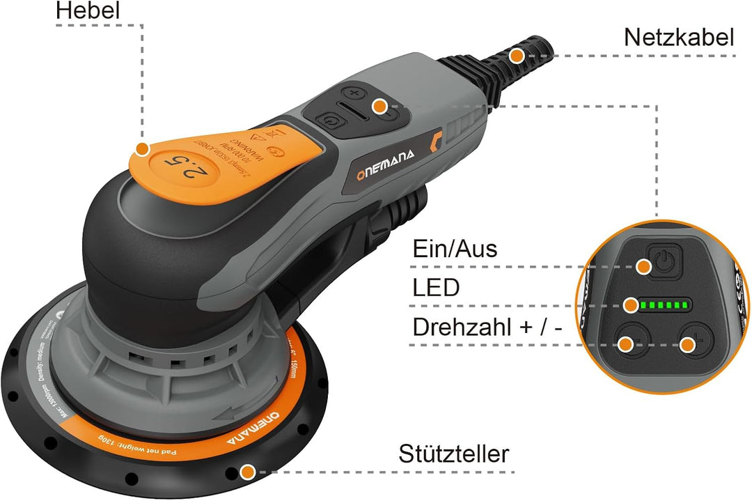 Exzenterschleifer 150 mm, Bürstenloser Exzenterschleifer mit 2,5 mm Exzenterhub, 350W Schleifmaschin