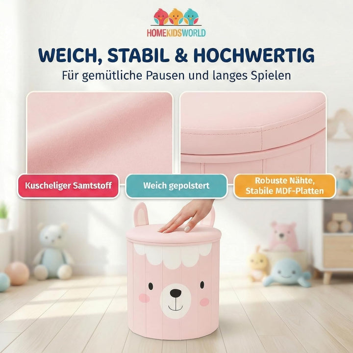 HomeKidsWorlds Kinderhocker Lama - Spielzeugkiste Kinderzimmer, Aufbewahrungsbox mit Deckel, Sitzbox