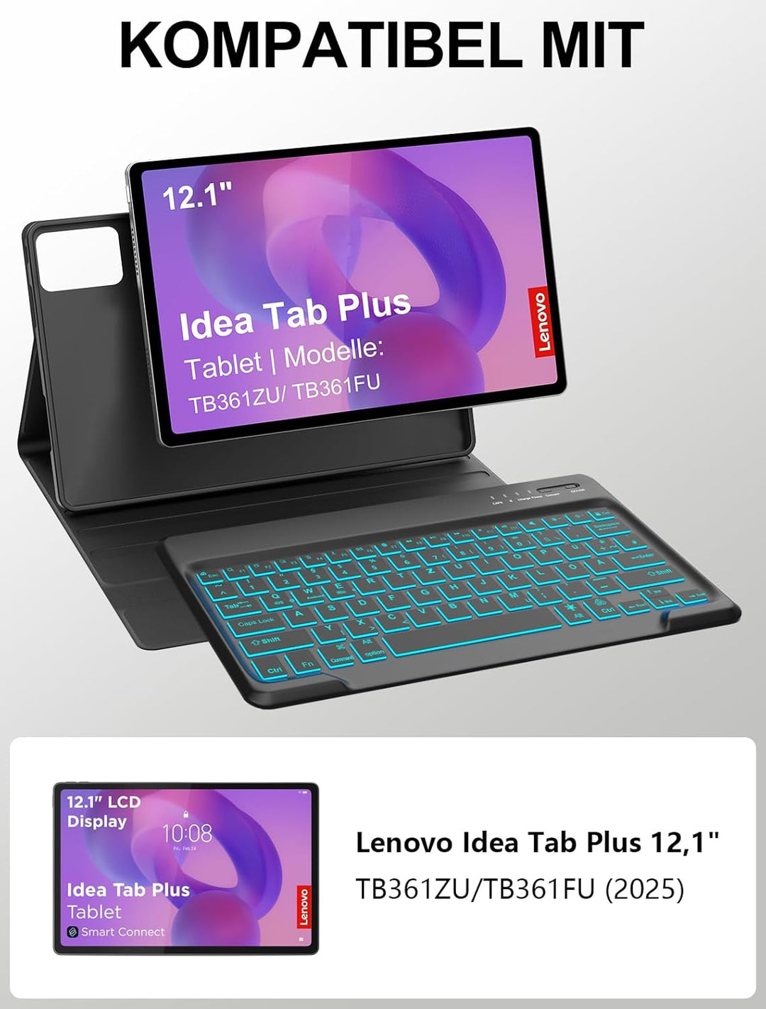 JADEMALL Hülle mit Tastatur für Lenovo Idea Tab Plus 12,1 Zoll (2025) TB361FU/TB361ZU, QWERTZ Deutsc