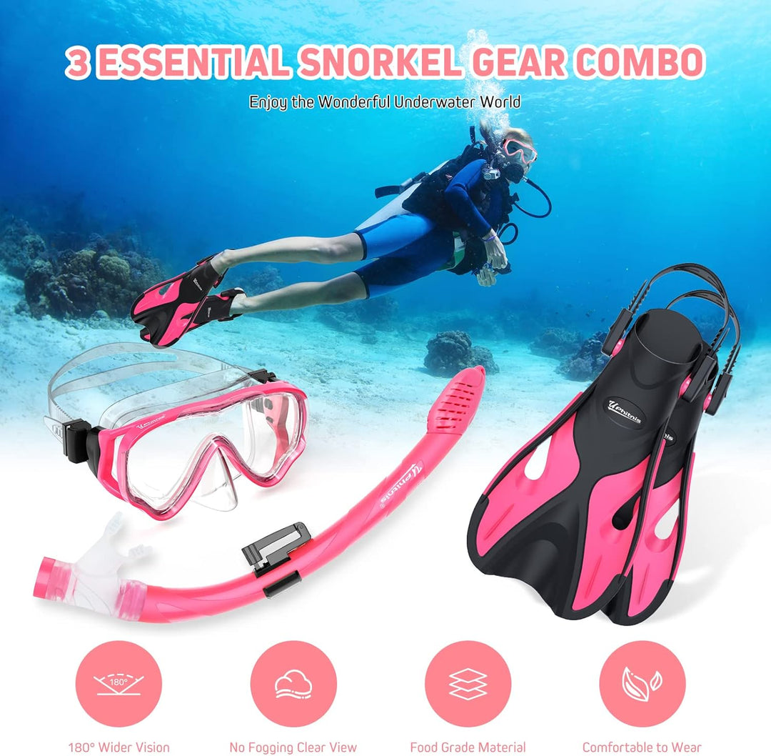 Schnorchelset Kinder mit Flossen,Anti-Fog 180°Panorama Taucherbrille Kinder, Verstellbaren Schwimmfl