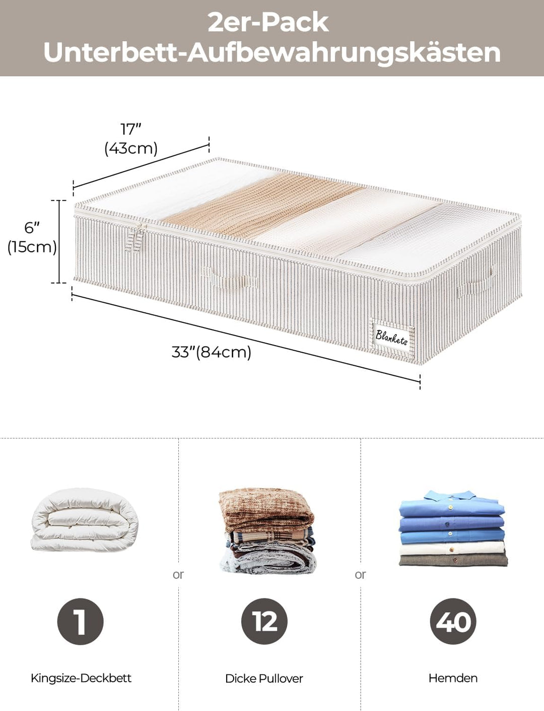 StorageWorks Unterbett Aufbewahrung, grosse Unterbett Aufbewahrungsbox mit Deckel Stoff, faltbare Un