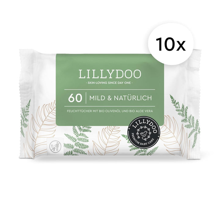 LILLYDOO green Natürliche Feuchttücher, 600 Stück (10 x 60), 100% plastikfreies Tuch, ohne Parfüme (