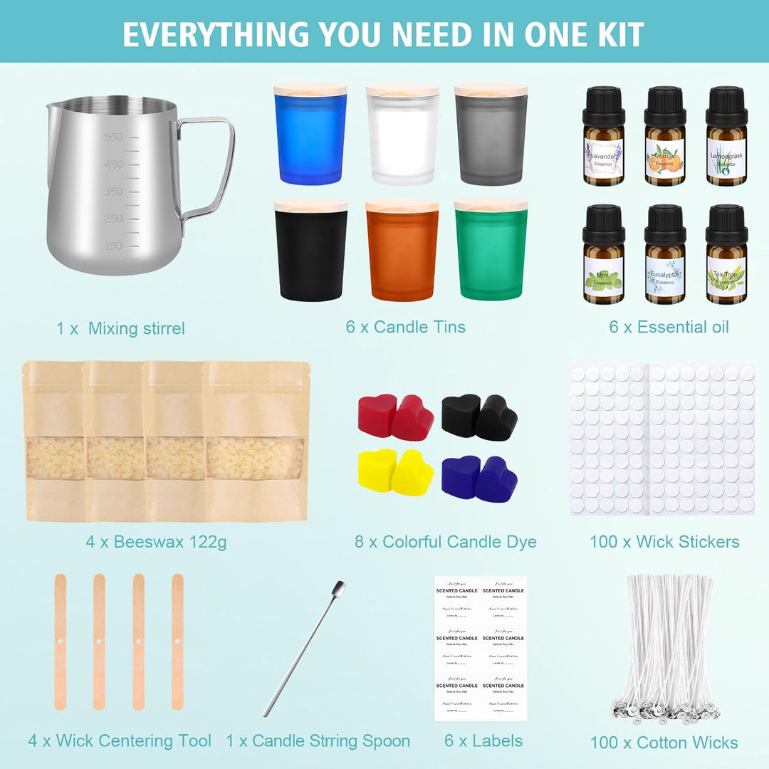 Kerzen Selber Machen Set,Kerzenherstellung Zubehör,Duftkerze Geschenke Set mit 6 Glas,500g Bienenwac