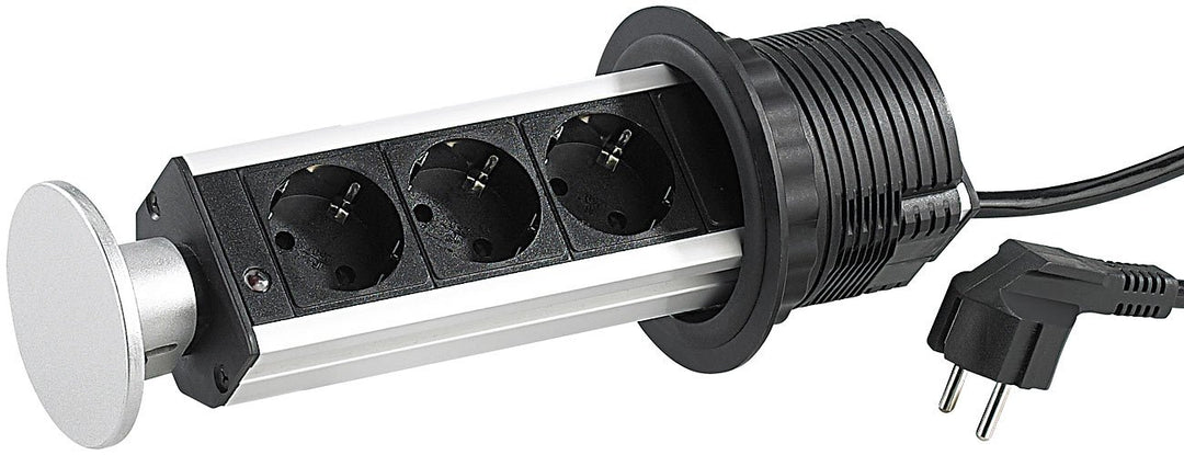 revolt Steckdose Küche: Versenkbare Tisch-3-fach-Steckdosenleiste im Alu-Gehäuse, Ø 78 mm (Versenkba