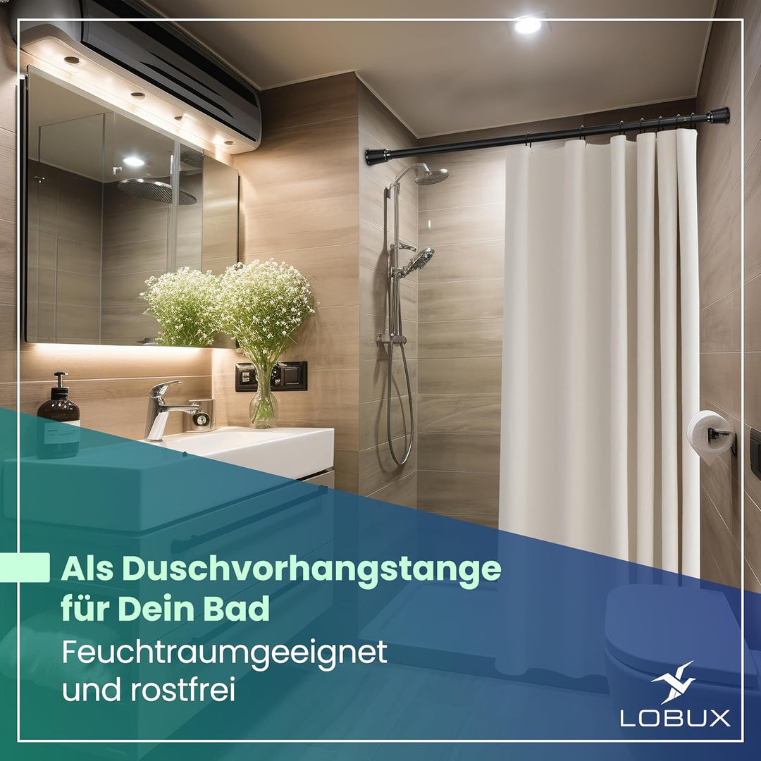 LOBUX® - Gardinenstange ohne bohren [schwarz, 210-300cm] – Teleskopstange Vorhang ausziehbar – Dusch