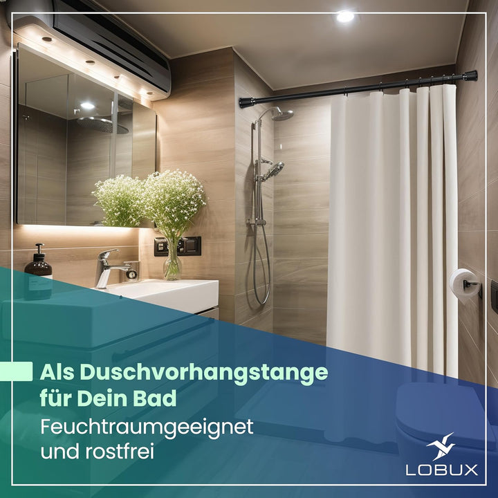 LOBUX® - Gardinenstange ohne bohren [schwarz, 210-300cm] – Teleskopstange Vorhang ausziehbar – Dusch