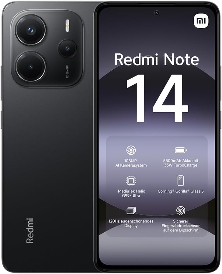 Xiaomi Redmi Note 14 Smartphone, 8 + 256GB, Black, 108MP AI-Kamerasystem, 5500mAh Akku, 120Hz Augens