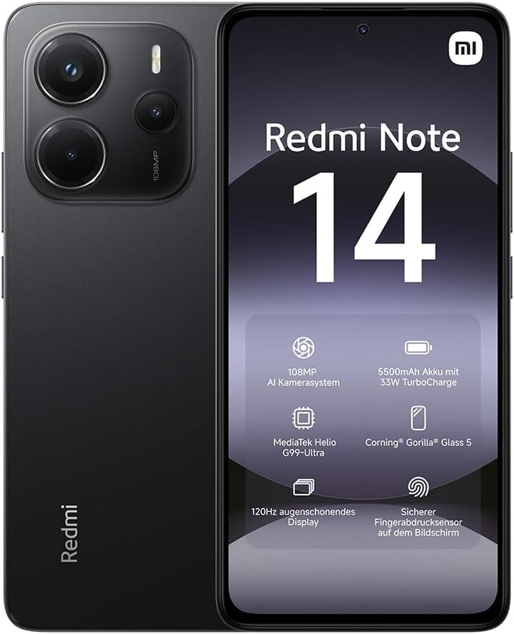 Xiaomi Redmi Note 14 Smartphone, 8 + 256GB, Black, 108MP AI-Kamerasystem, 5500mAh Akku, 120Hz Augens