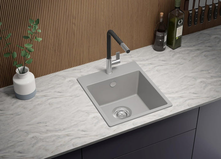 Spülbecken Grau 38 x 44 cm, Granitspüle + Ablauf-Set, Küchenspüle für 40er Unterschrank, Einbauspüle