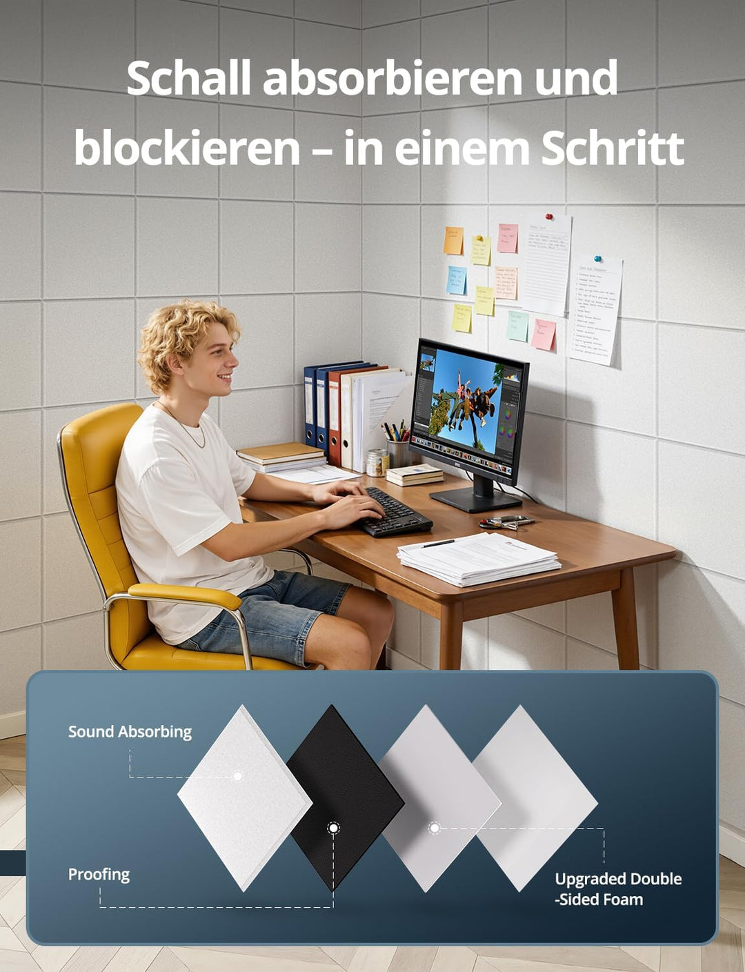 Kuchoow Quadrat Schallschutzplatten selbstklebend Schallschutz Schalldämmung Wand, 12 Stück 2-in-1 A