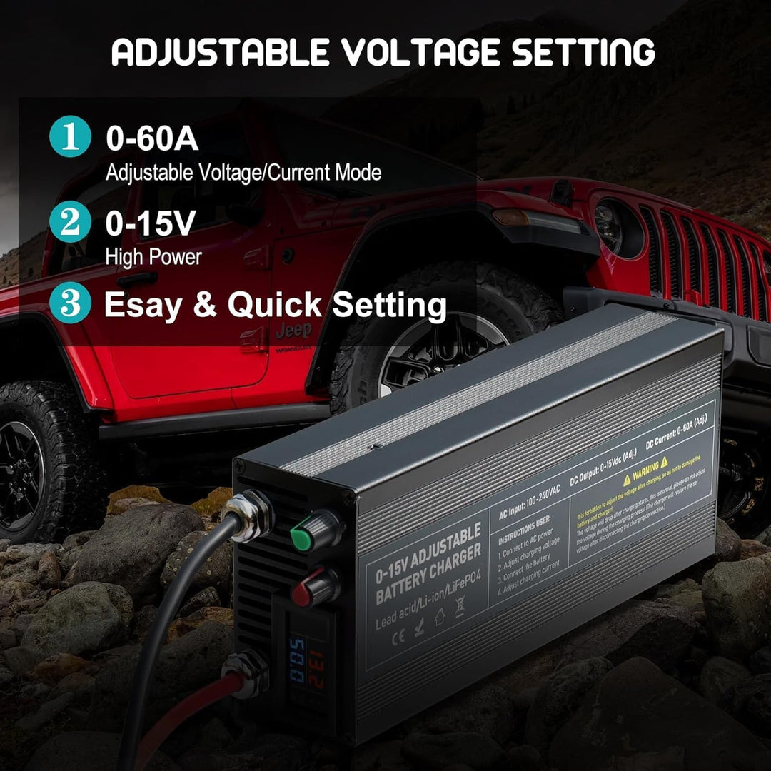 14,6V 60A LiFePO4 Ladegerät, Batterieladegerät 0-15V/0-60A einstellbare, Schnelles Aufladen 12V Akku