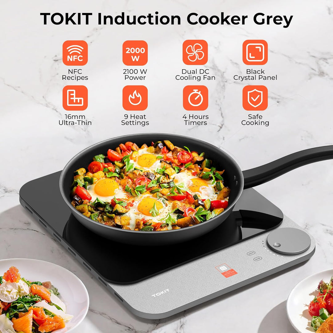TOKIT Induktionskochplatte automatische Topferkennung 2100W 1-Tasten-Steuerung 16mm ultra-dünn Sous-
