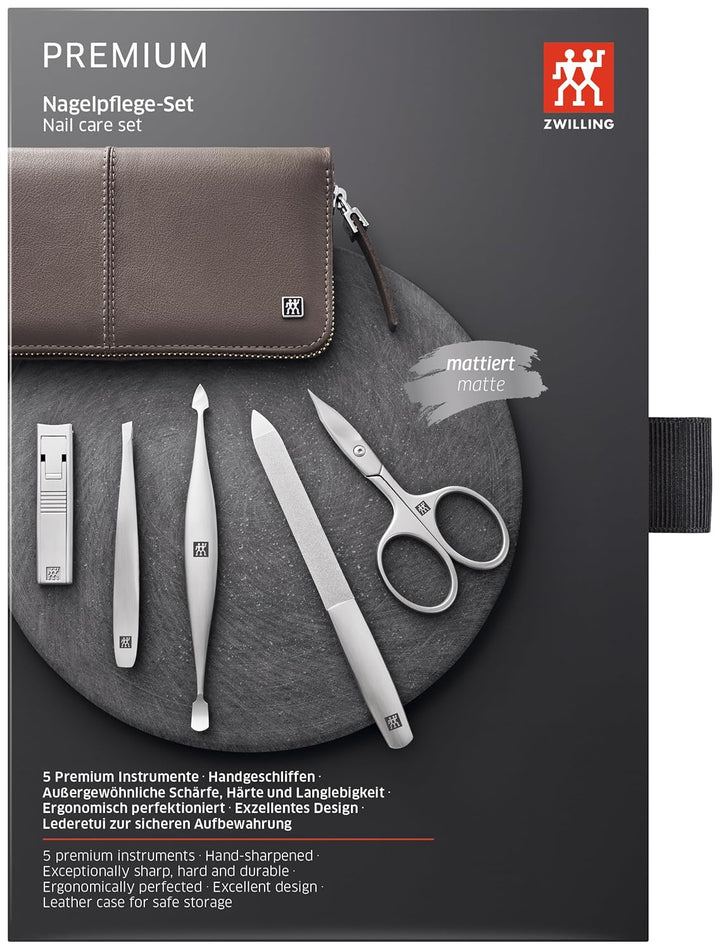 ZWILLING Maniküreset 5-teilig Nagelpflegeset aus Rindleder mit Reissverschluss, Premium, Taupe, 5-Te