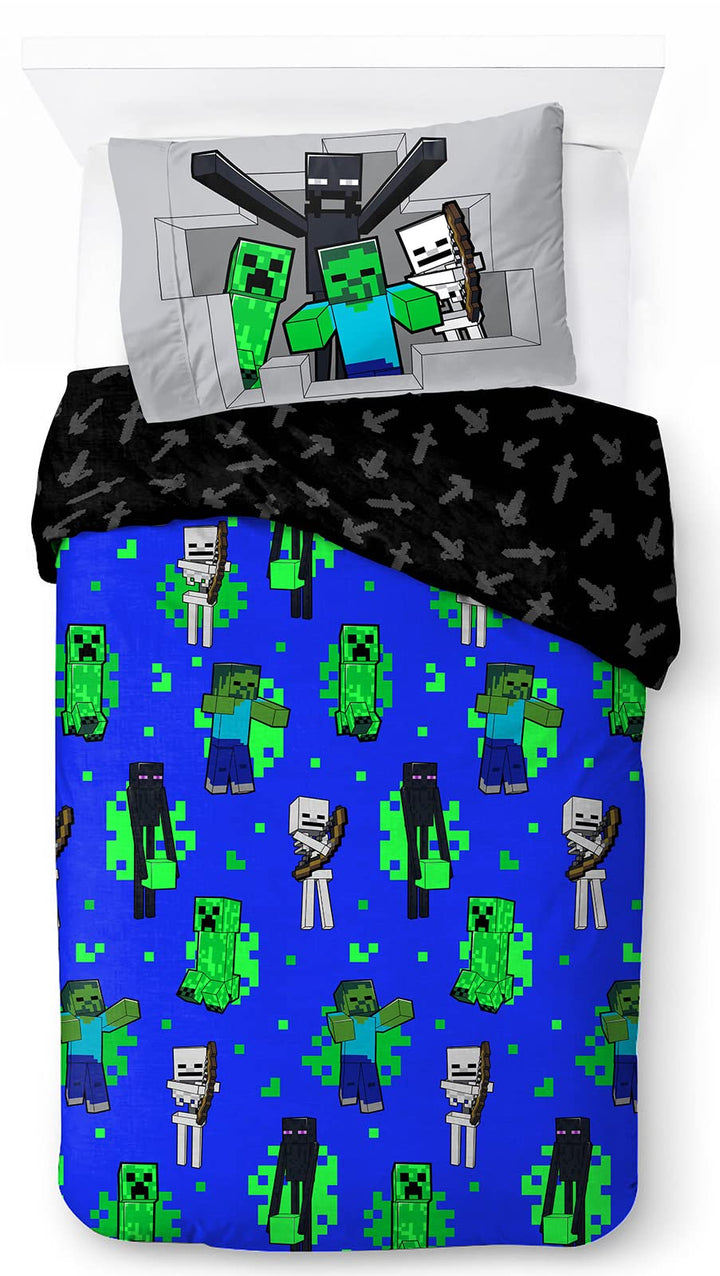 Jay Franco Minecraft Fight Back 100% Baumwolle Kinderbettwäsche-Set 135x200 cm Einzelbettgrösse - Be