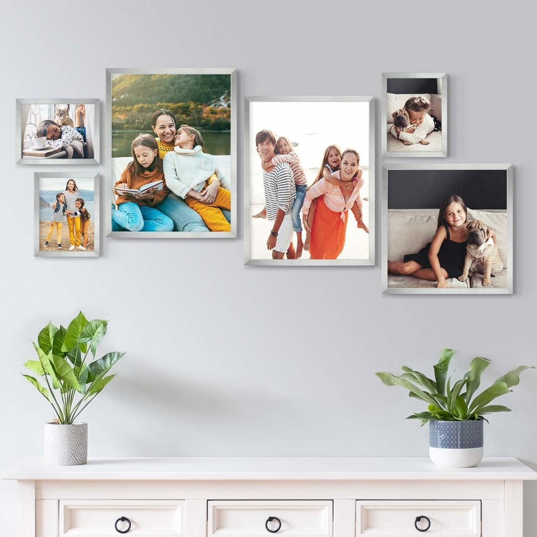 PHOTOLINI silberne Bilderrahmen Set verschiedene Grössen, 6 Bilderrahmen Silber Holz MDF, Bilder Rah