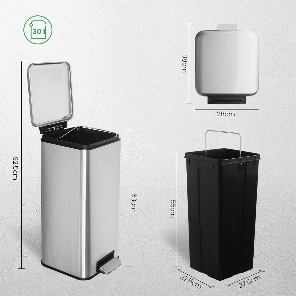 Ullege Mülleimer,30L Tretmülleimer mit Softclose Deckel,30 Liter Abfalleimer mit Fusspedal, Quadrati