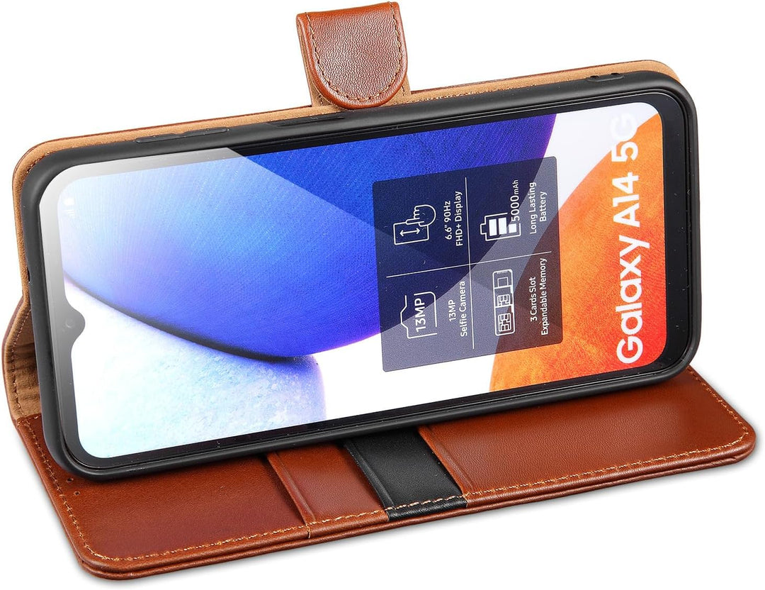 LENSUN Echtleder Hülle für Samsung Galaxy A14, Handyhülle [Echtes Leder][Kartenfach][RFID Schutz][Kl