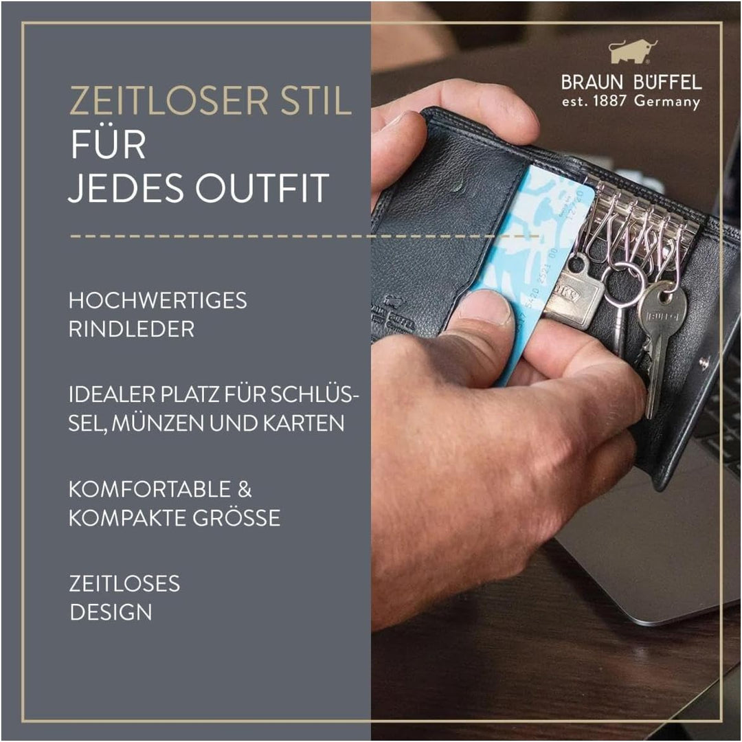 BRAUN BÜFFEL Schlüsseletui aus echtem Leder Golf 2.0 - Schlüsseltasche mit Druckknopf und Reissversc