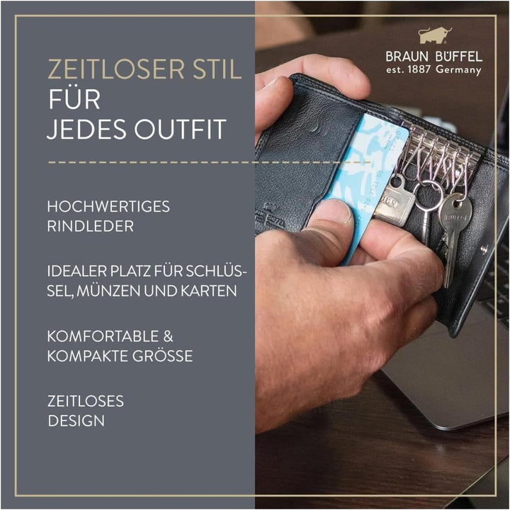 BRAUN BÜFFEL Schlüsseletui aus echtem Leder Golf 2.0 - Schlüsseltasche mit Druckknopf und Reissversc