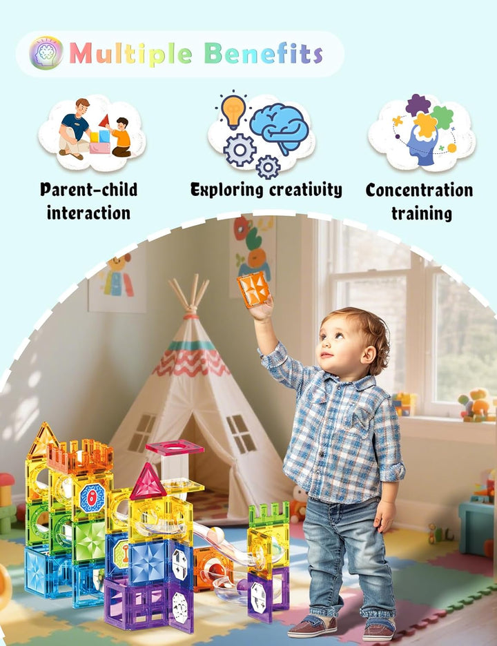 ROXENDA 73 Piezas Magnetische bausteine kugelbahn- Juguete Educativo Stem para niños. Con imanes pot