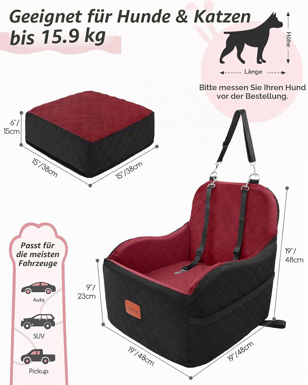 Hunde-Autositz für kleine/mittelgrosse Hunde, tragbarer Welpensitz mit erhöhtem Kissen, vollständig