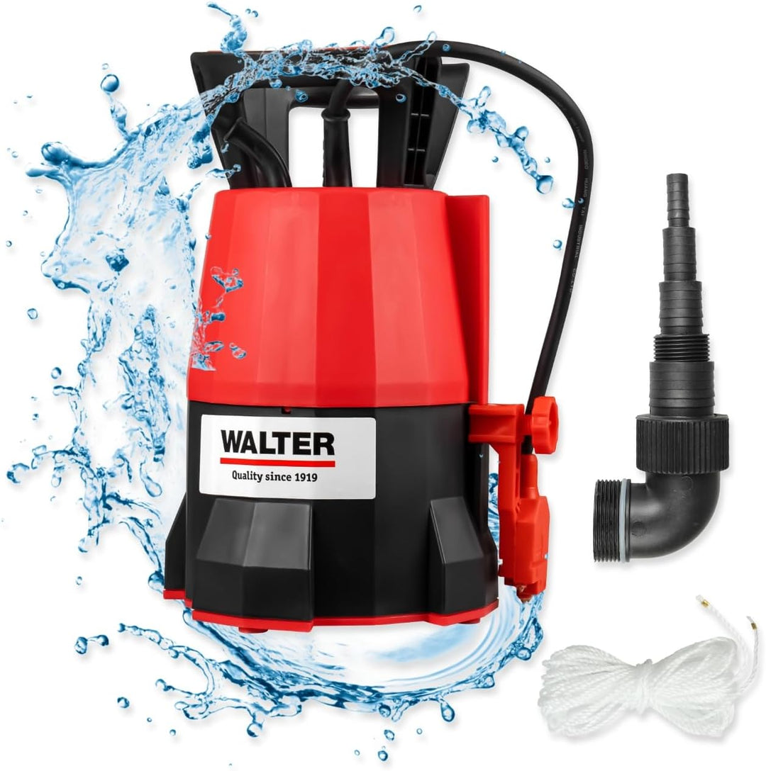 WALTER Klarwasser Tauchpumpe 400 W – 7000 L/h, 7 m Tauchtiefe, Flachsaugend (5 mm) – Schwimmschalter