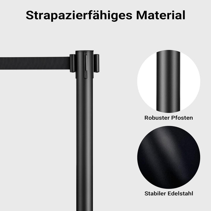 Wiltec mobile Absperrpfosten 32 x 7 x 90 cm in Schwarz mit 200 cm Zugband, Absperrständer aus rostfr