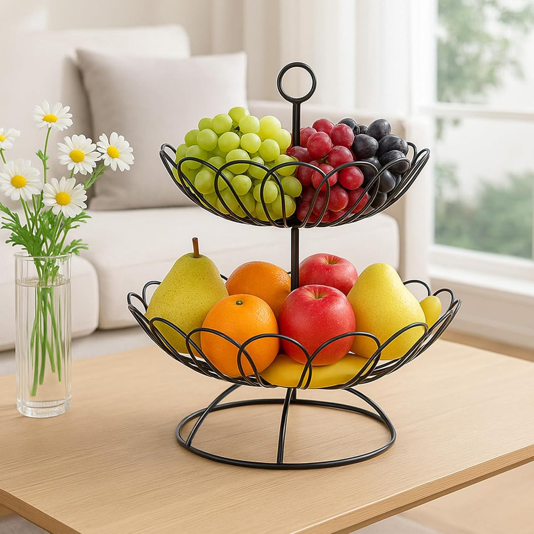 Obst Etagere Schwarz 2 Stöckig – Grosse Obstkorb Etagere aus Metall für Obst und Gemüse Aufbewahrung