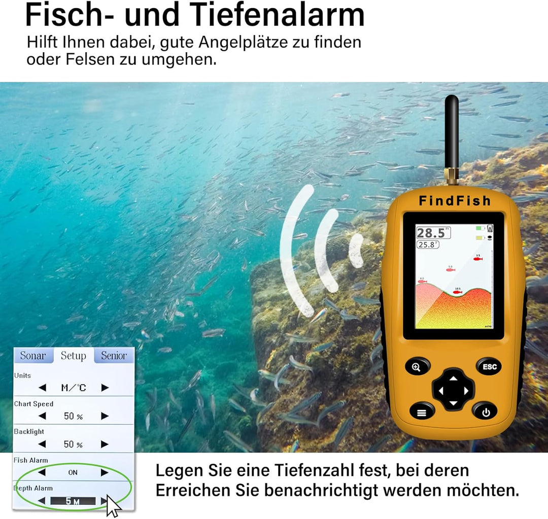 Fischfinder Wireless Fish Finder für Boote, Angeln im Kajak Echolot mit Tiefenmesser, Fischgrösse, W
