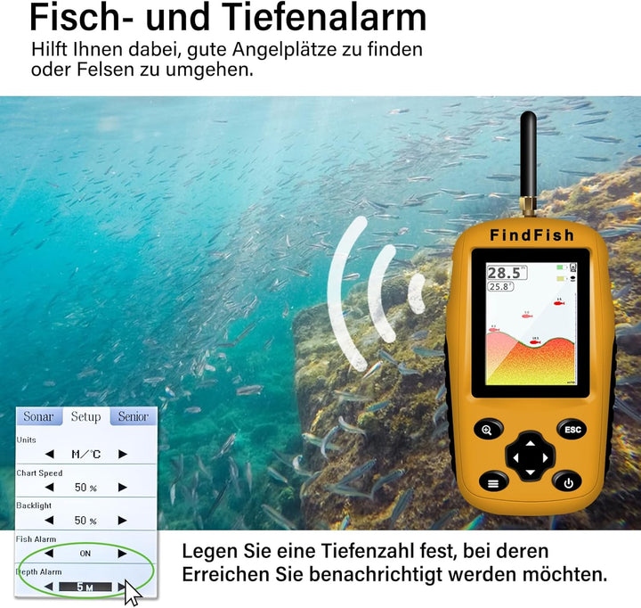 Fischfinder Wireless Fish Finder für Boote, Angeln im Kajak Echolot mit Tiefenmesser, Fischgrösse, W