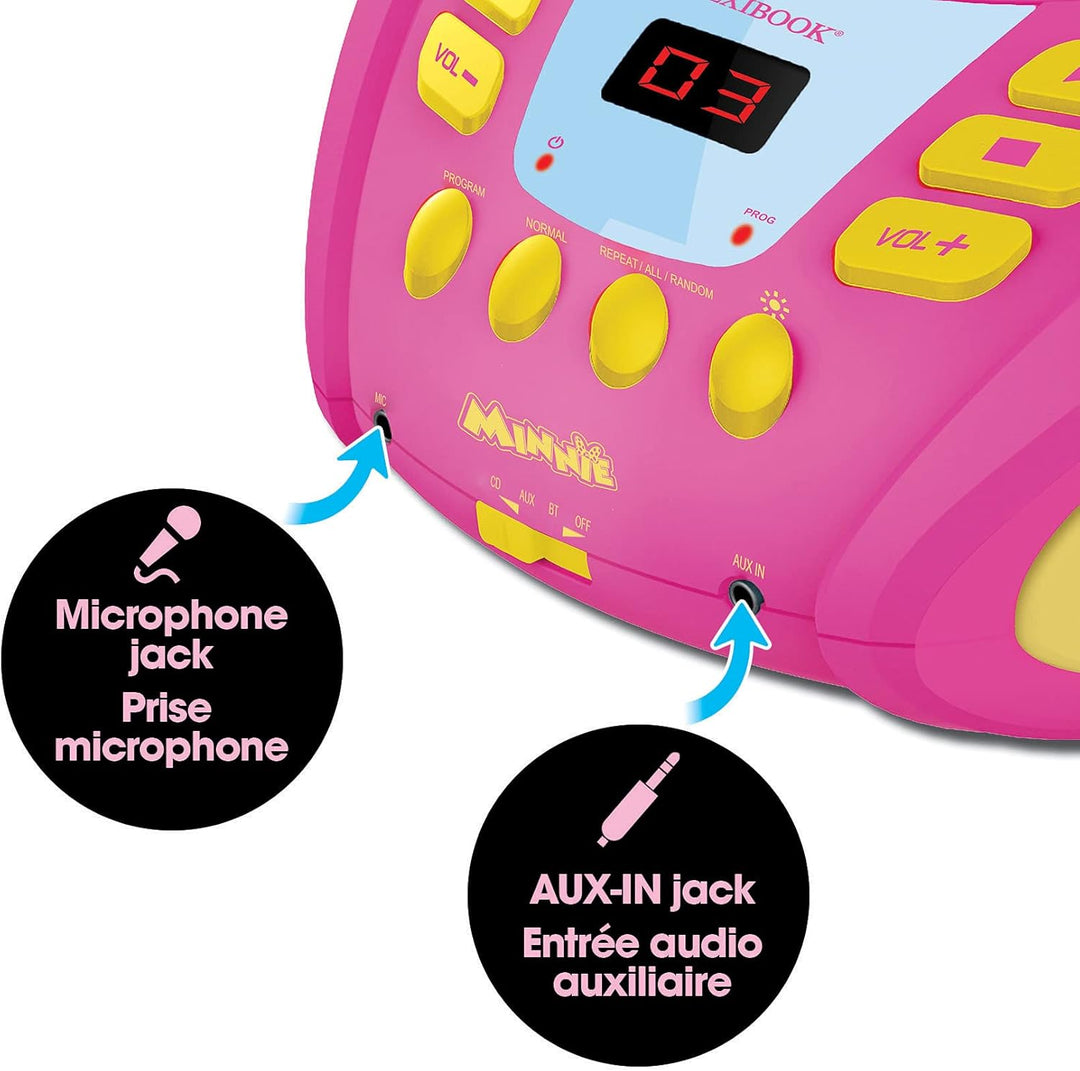 Lexibook RCD109MN Disney Minnie-Bluetooth-CD-Player für Kinder-Tragbar, Lichteffekte, Mikrofonbuchse
