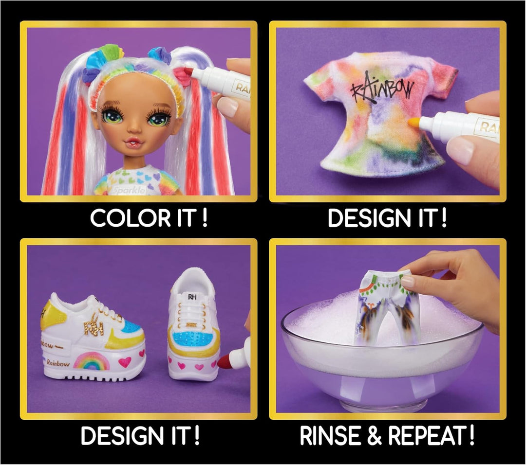 Rainbow High Color & Create DIY Modepuppe - Grüne Augen, Zöpfe, extra Top & Schuhe, abwaschbare Rege