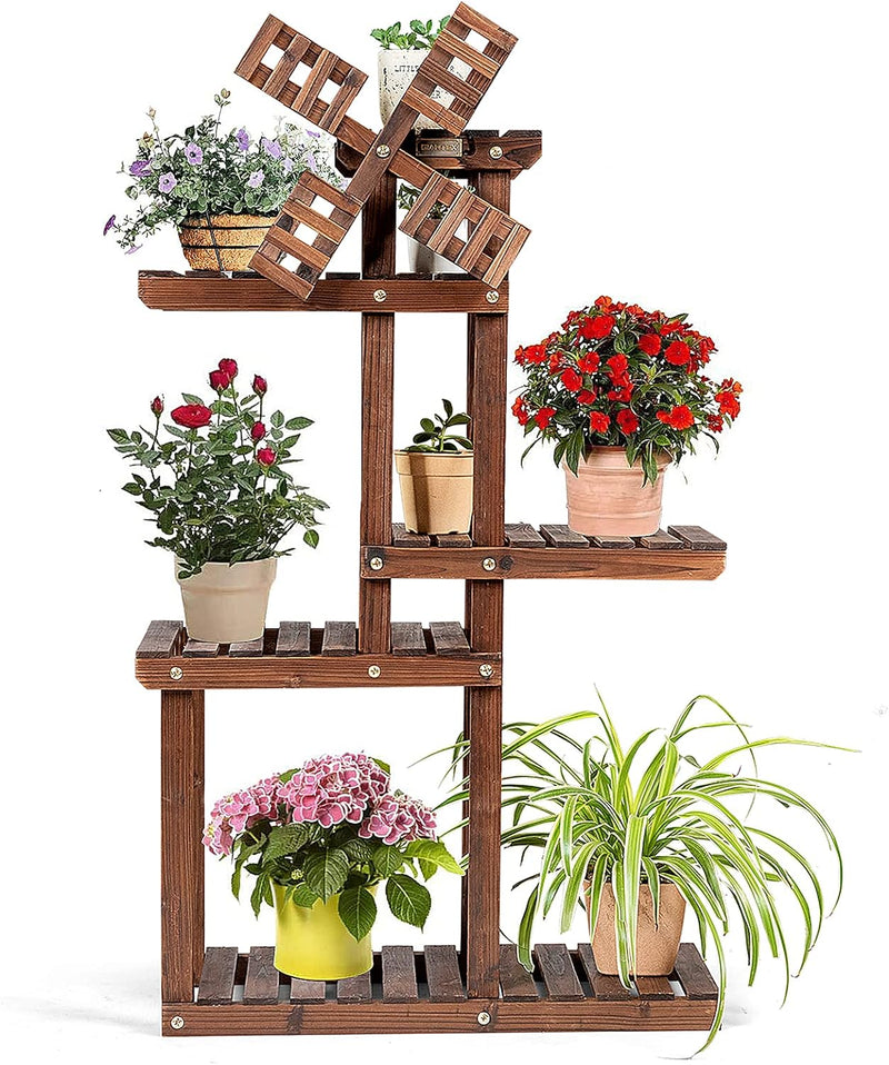 COSTWAY Pflanzenregal Blumenregal mit Windmühle, Blumenständer Holz, Blumentreppe Garten, Pflanzentr