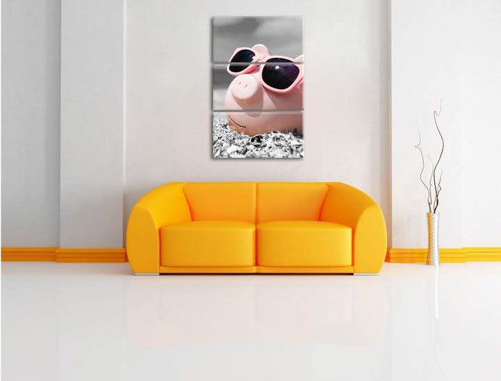 Pixxprint Cooles Sparschwein mit Sonnenbrille am Strand schwarz/weiss 3-Teiler Leinwandbild 120x80 B