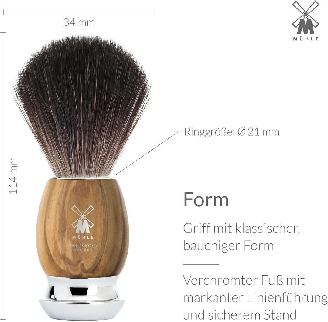 MÜHLE Vivo Rasierset kompatibel mit Gillette-Klingen, Pinsel Black Fibre, Halterung mit Schale, Oliv