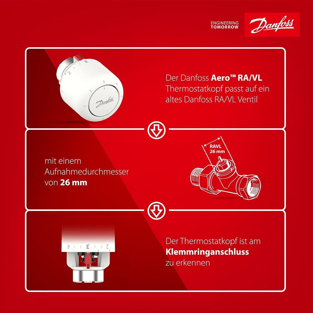 Danfoss Aero RAVL click, Thermostatkopf mit eingebautem Sensor, 26 mm Halsdurchmesser NEU 015G4550,