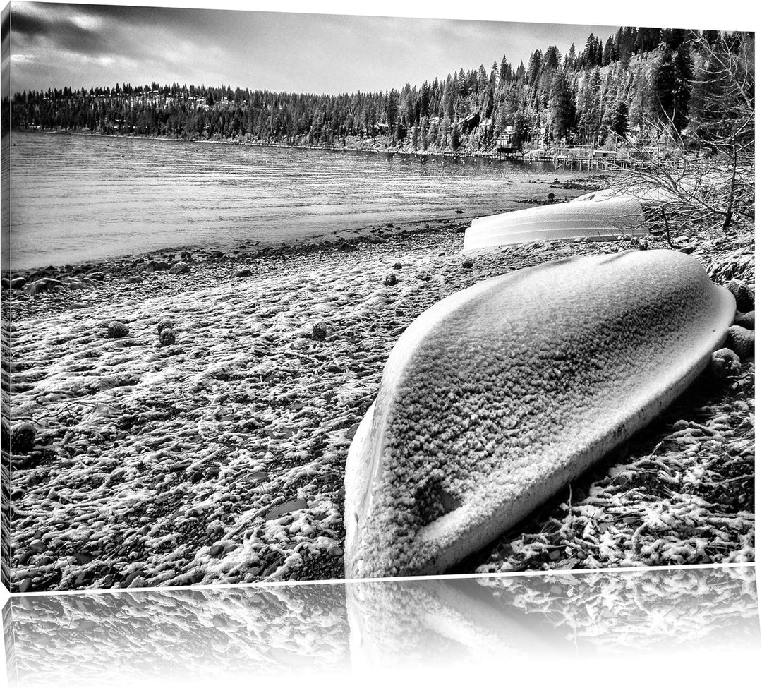 Pixxprint Boote im Winter als Leinwandbild/Grösse: 100x70 cm/Wandbild/Kunstdruck/fertig bespannt, 10
