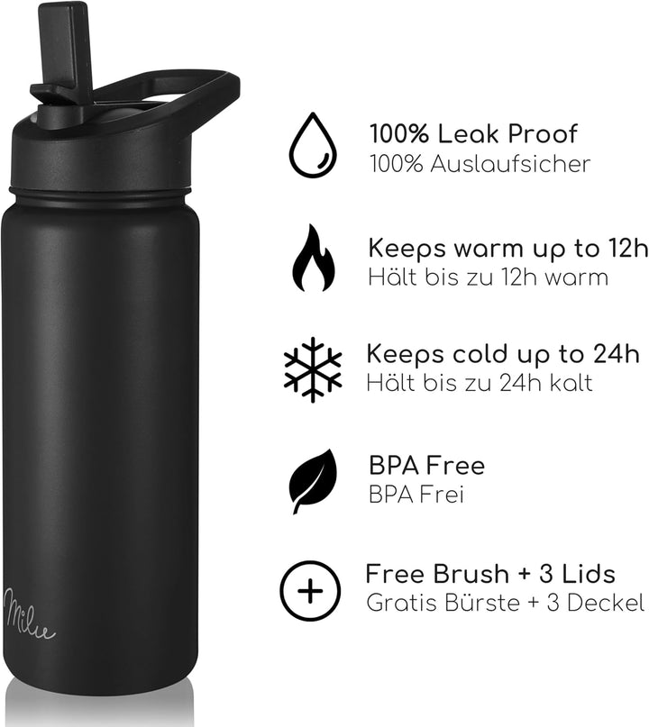 Milu Edelstahl Trinkflasche 500ml, 750ml, 1000ml (+3 Deckel) - Thermosflasche mit Strohhalm, Isolier