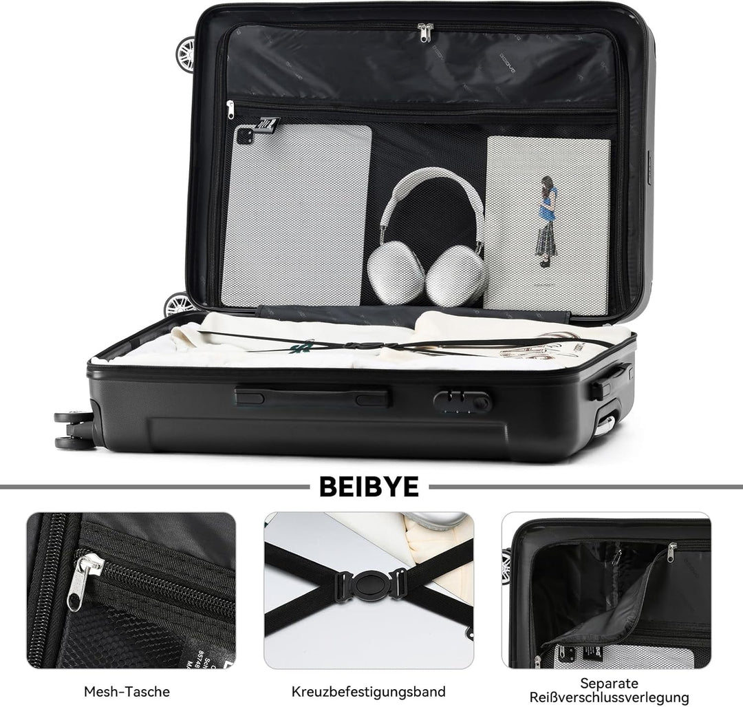 BEIBYE Hartschalen-Koffer Trolley Rollkoffer Reisekoffer Handgepäck 4 Rollen (M-L-XL-Set) (Schwarz,