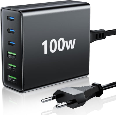 FINIBO USB C Ladegerät Mehrfach: 100W 6-Port Schnellladegerät mit USB-C und USB-A, Tragbarer USB C W