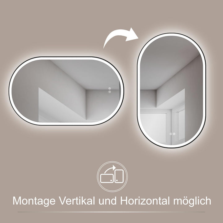 HOKO® LED Antibeschlag Badspiegel oval 45 x 75 cm. HOCH + QUER Montage. Design Badspiegel mit Licht