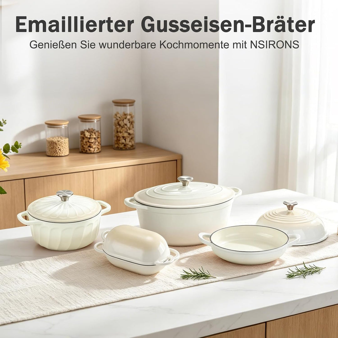 Gusseisen Bräter mit Deckel, Oval Gusseisen Topf 6.6L, Emaille Topf Gross Backofengeeignet, Schmorto