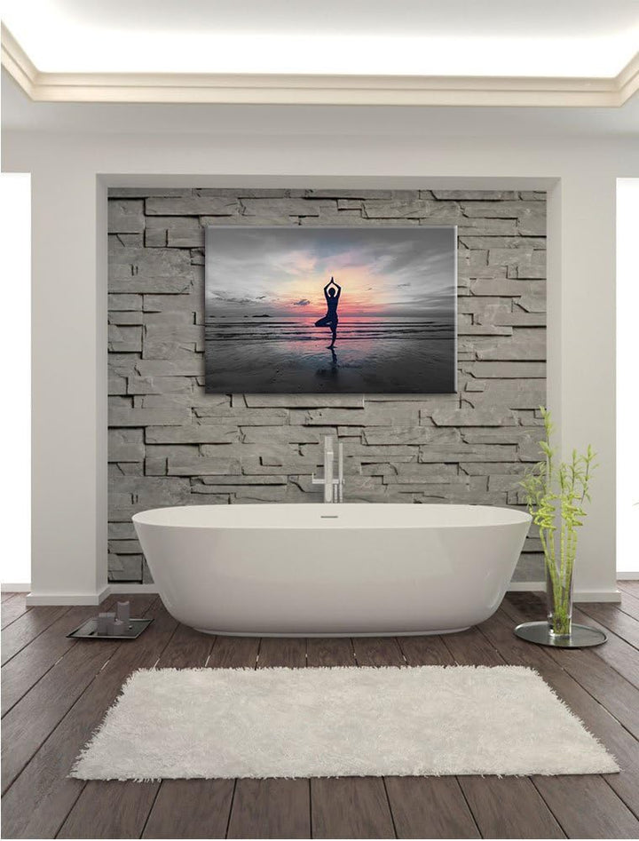 Yoga am Strand B&W Detail, Format: 100x70 auf Leinwand, XXL riesige Bilder fertig gerahmt mit Keilra