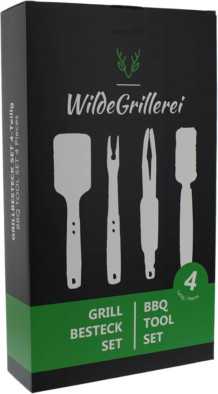 Grillbesteck Set 4-teilig aus Edelstahl Grill-Set 42 cm mit Holzgriffen und Aufhänge-Ösen Grillzubeh