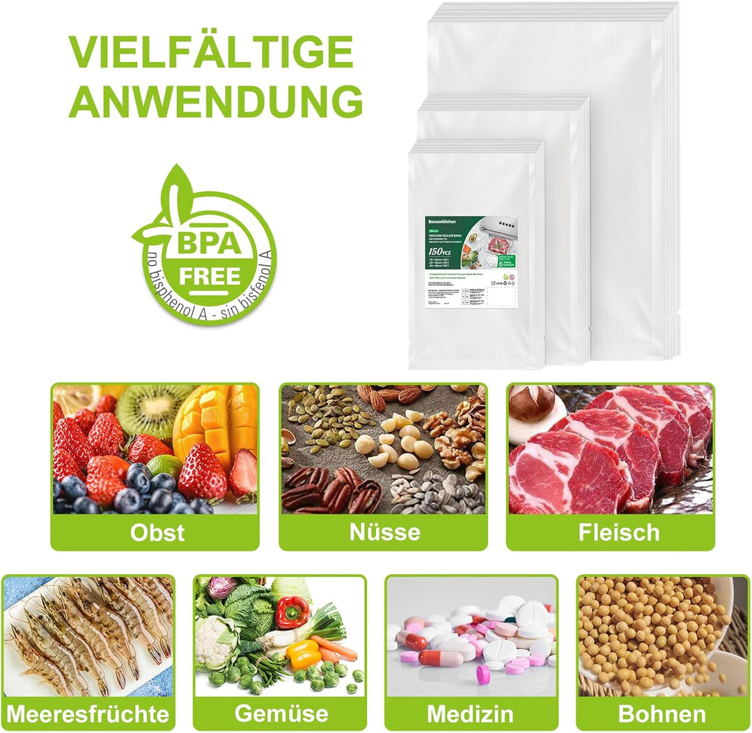 Bonsenkitchen Vakuumierbeutel 150 Beutel - 15x25 cm (50)+20x30 cm (50)+ 28x40 cm (50), für jede Grös