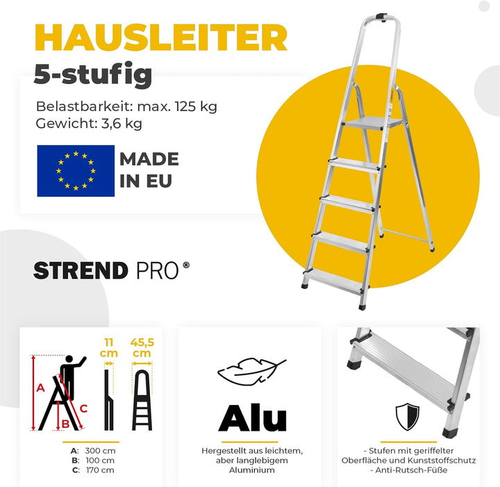 STREND PRO Trittleiter 5 Stufen Klappbar | max.125kg | Haushaltsleiter 5 Stufen | Stehleiter 5 Stufe